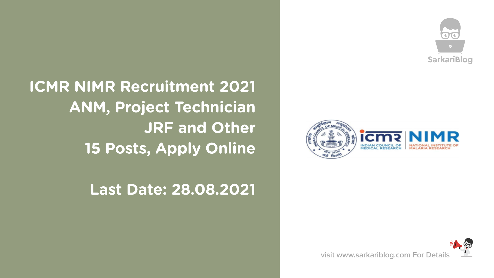 ICMR NIMR Recruitment 2021, ANM, Project Technician, JRF and Other, 15 Posts, Apply Online