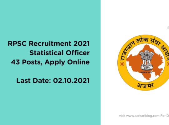 RPSC Recruitment 2021, Statistical Officer, 43 Posts, Apply Online