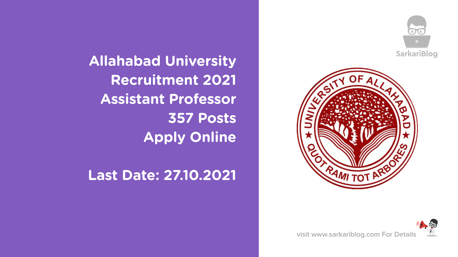 Allahabad University Recruitment 2021, Assistant Professor, 357 Posts, Apply Online