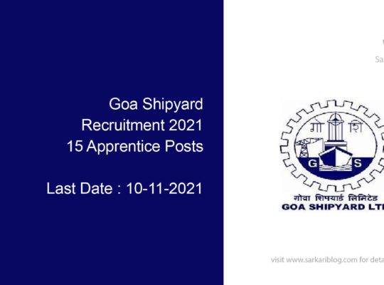 Goa Shipyard Recruitment 2021, 15 Apprentice Posts