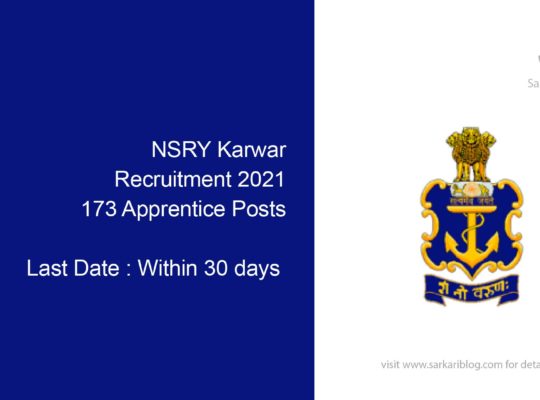 NSRY Karwar Recruitment 2021, 173 Apprentice Posts