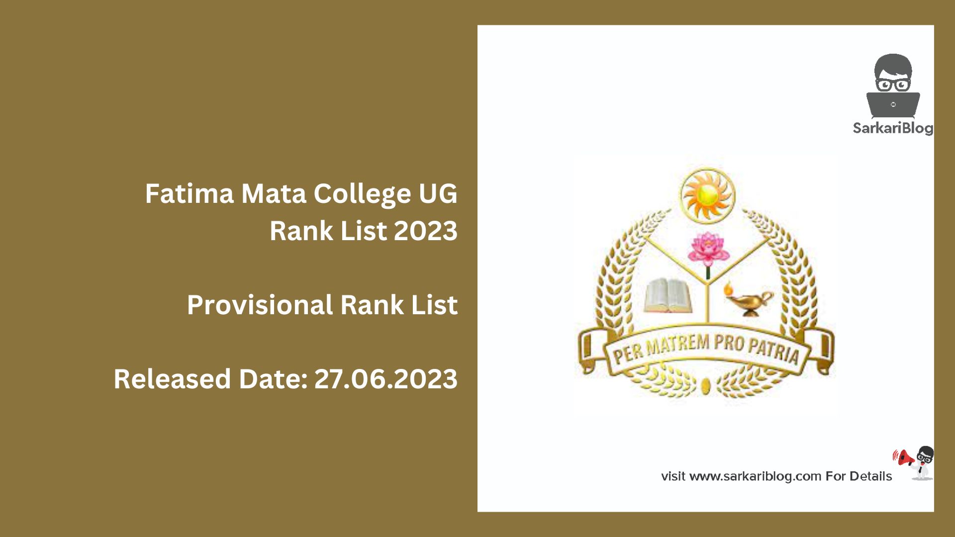 Fatima Mata College UG Rank List 2023