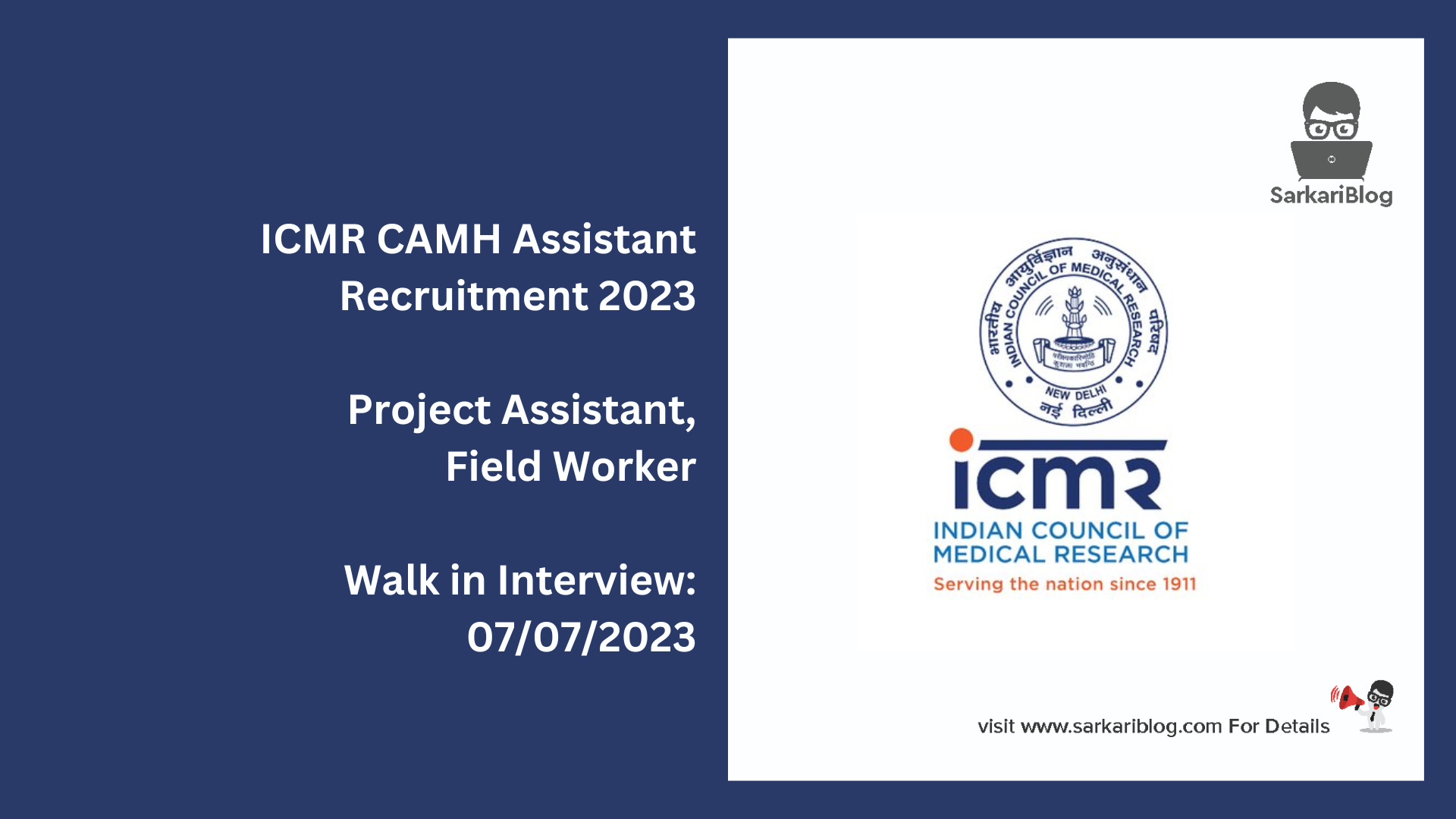 ICMR CAMH Assistant Recruitment 2023