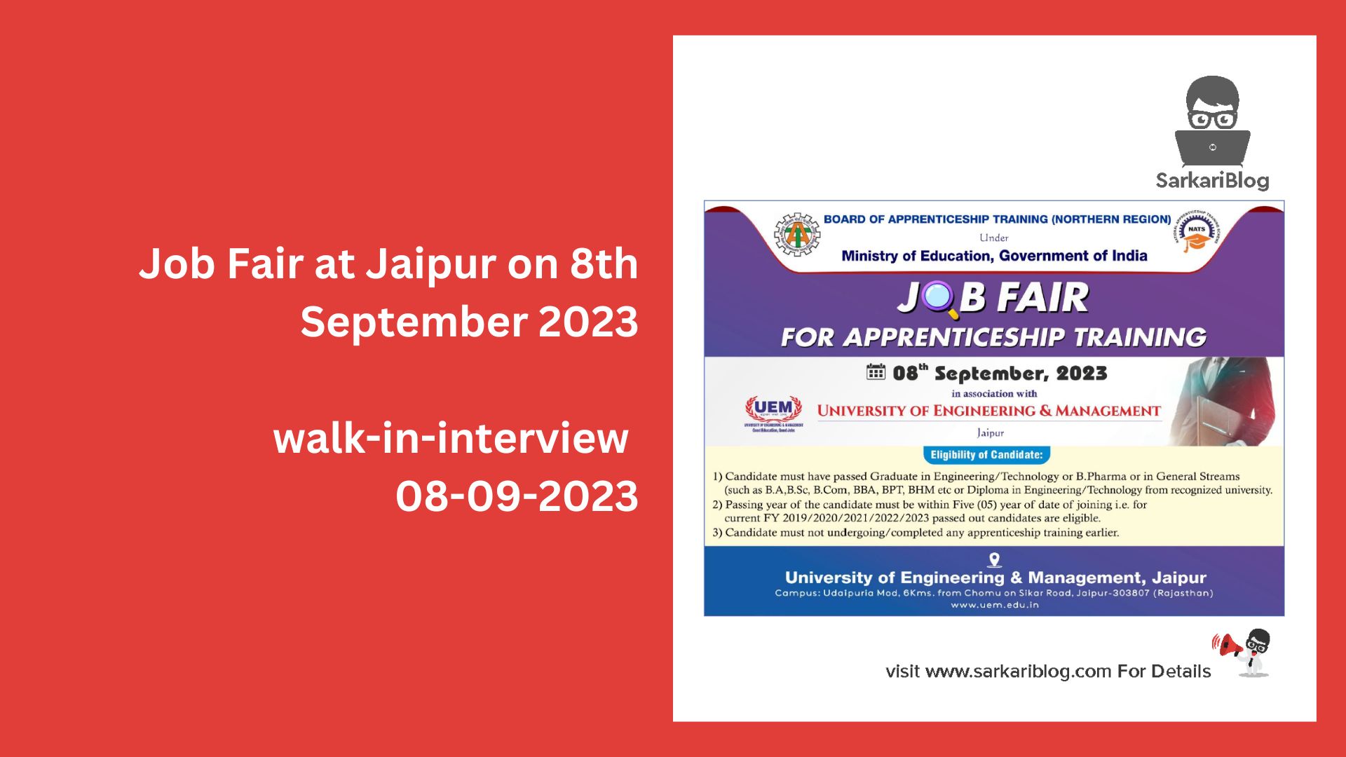 Job Fair at Jaipur on 8th September 2023